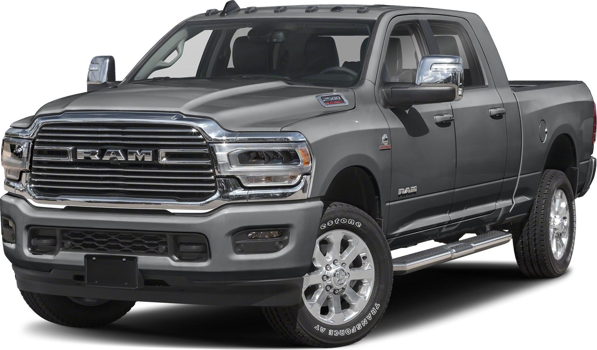 Heavy-duty pickup truck front and side with large grille and chrome accents