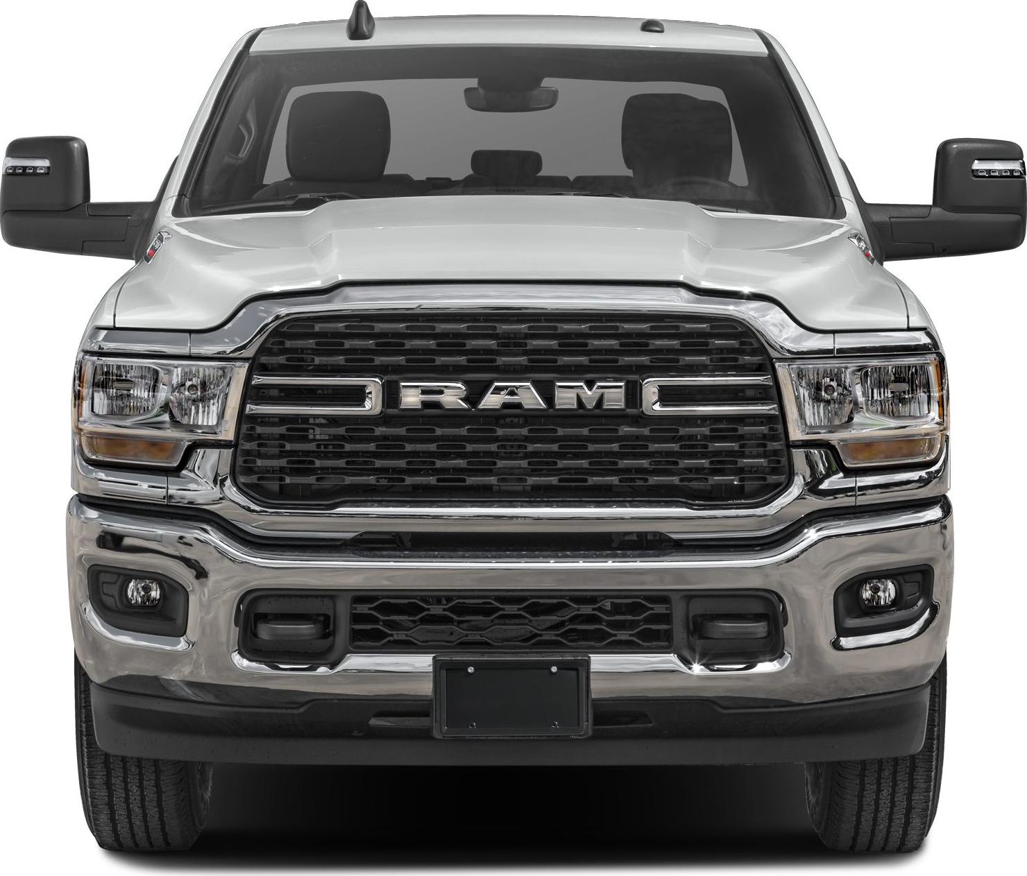Prominent front grille and headlights of heavy-duty pickup truck