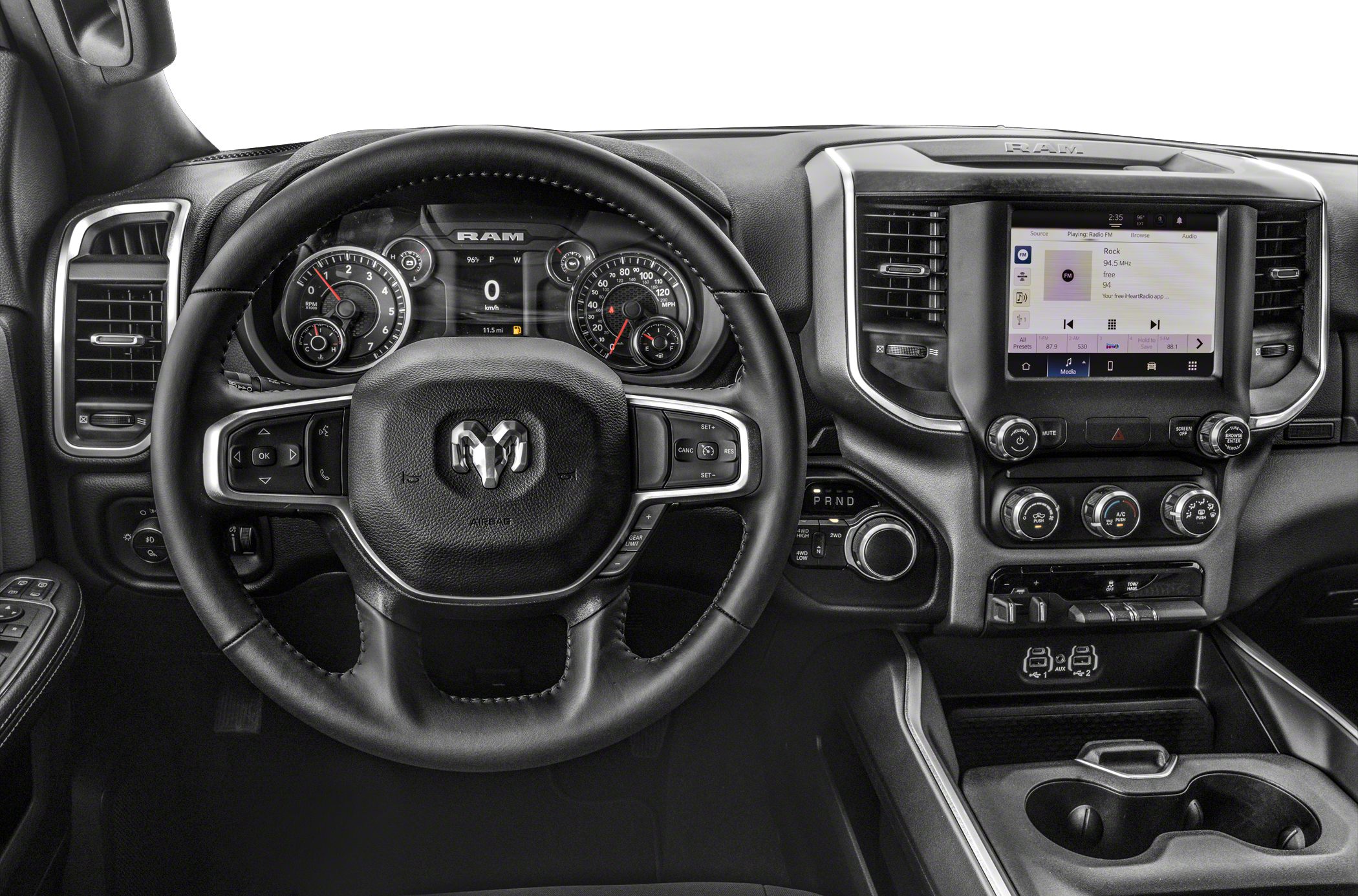 Steering wheel, digital gauges, infotainment display, rotary gear shift