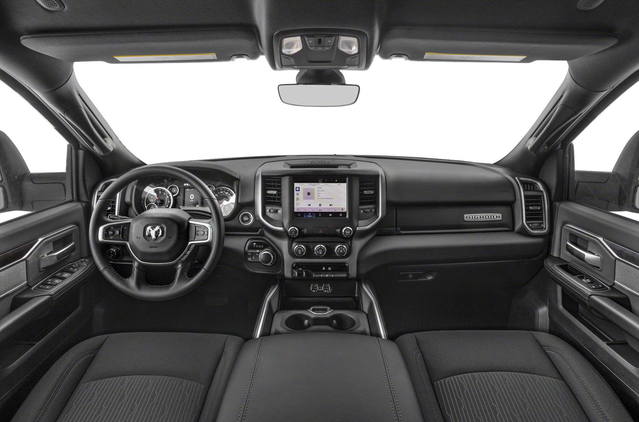 Modern truck dashboard with steering wheel and infotainment system