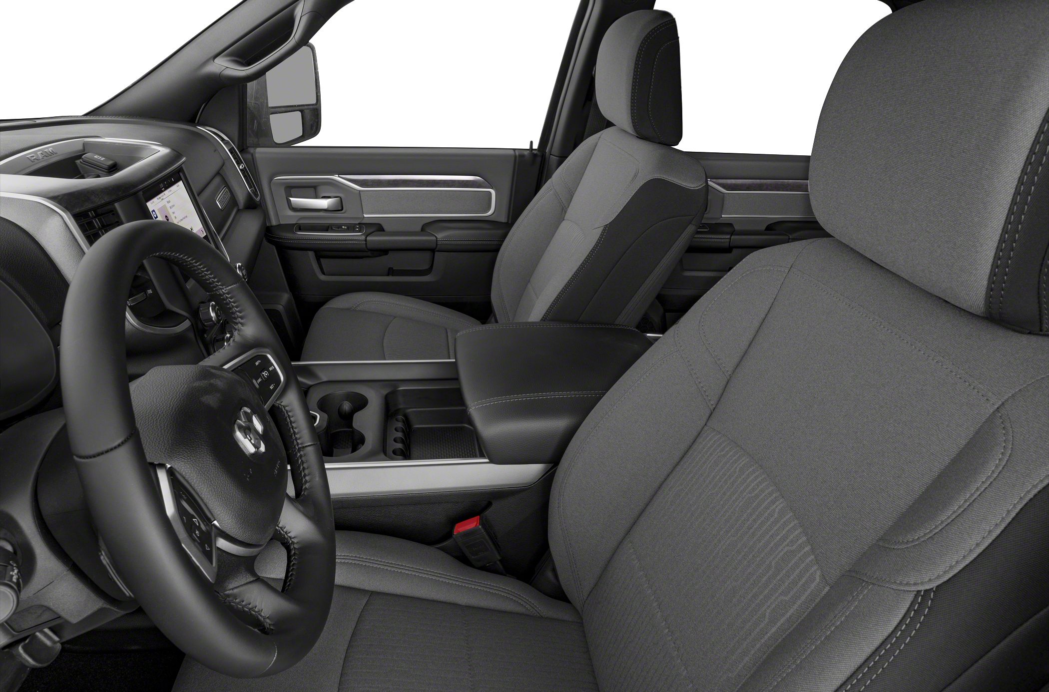 Spacious truck interior with detailed dashboard and front seats