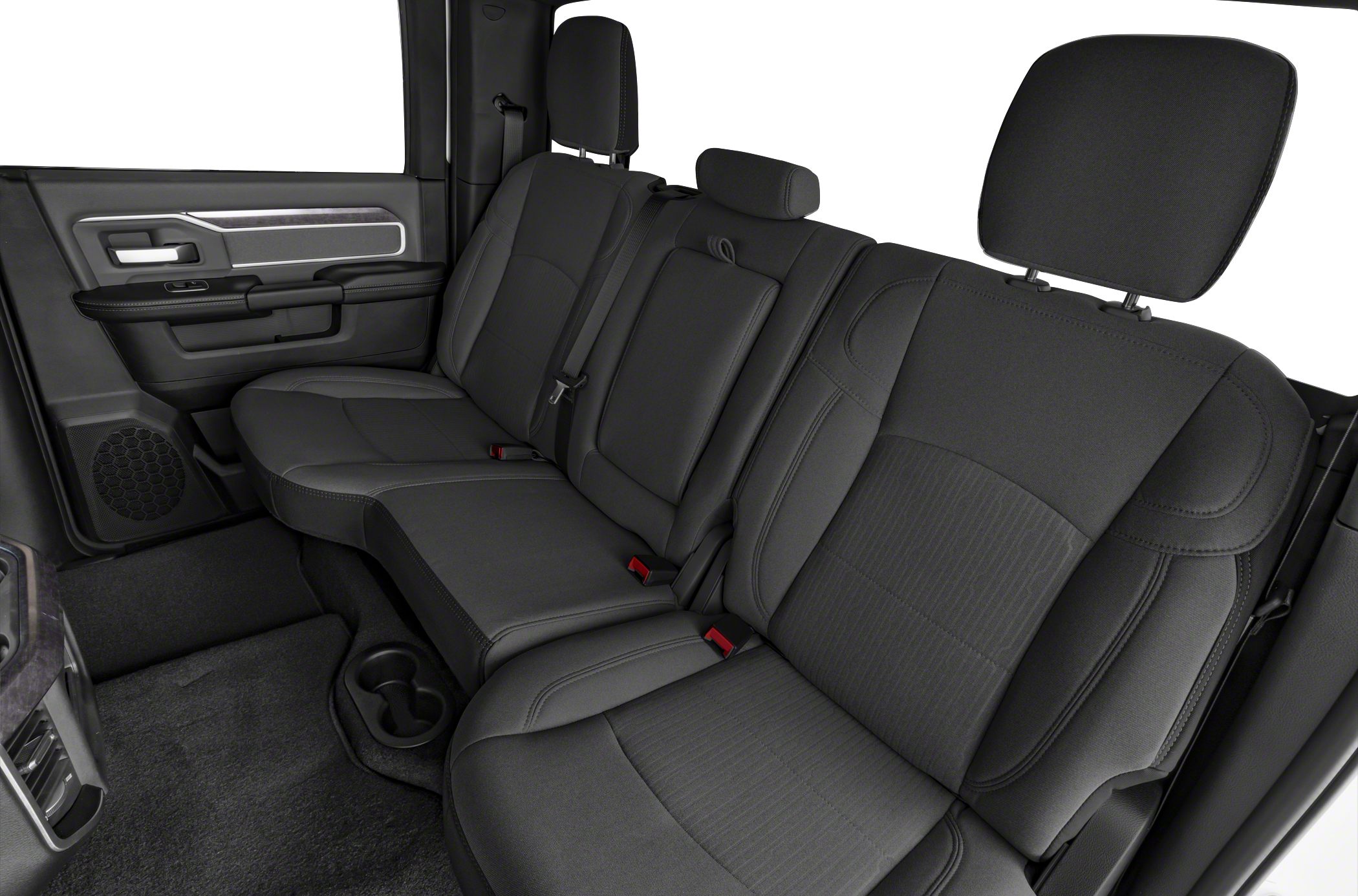 Black rear bench seating with headrests and seat belts