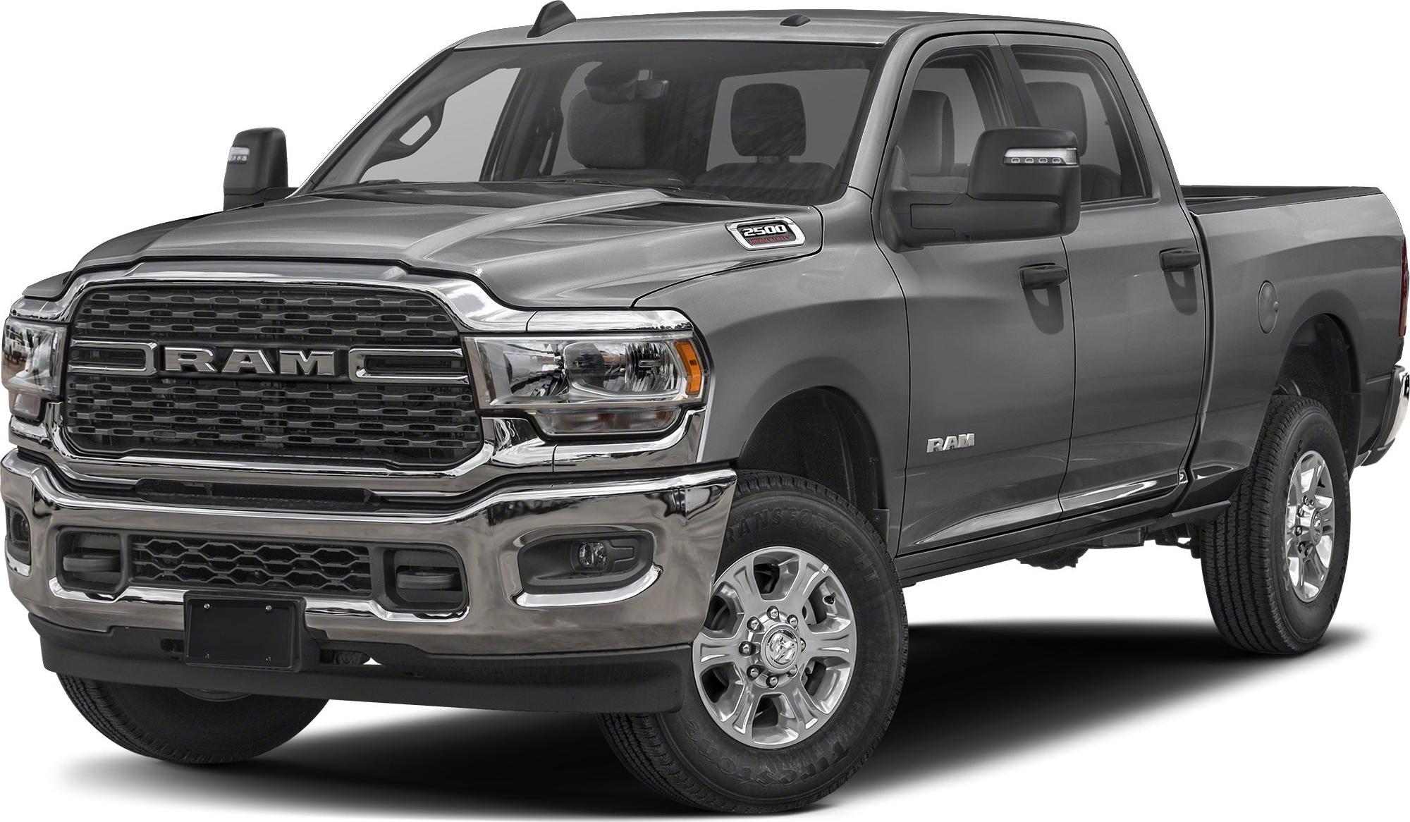 Front view of heavy duty pickup with robust grille and chrome bumper