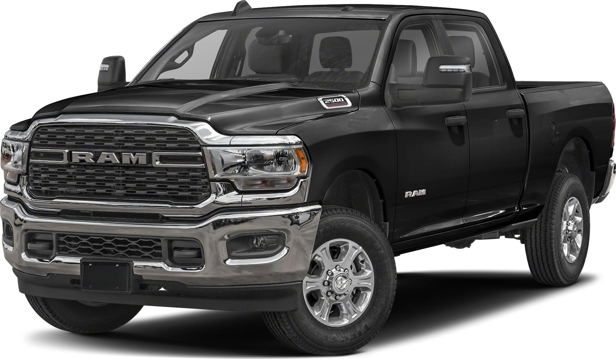 Front-side view of heavy-duty pickup with chrome grille and dual rear wheels