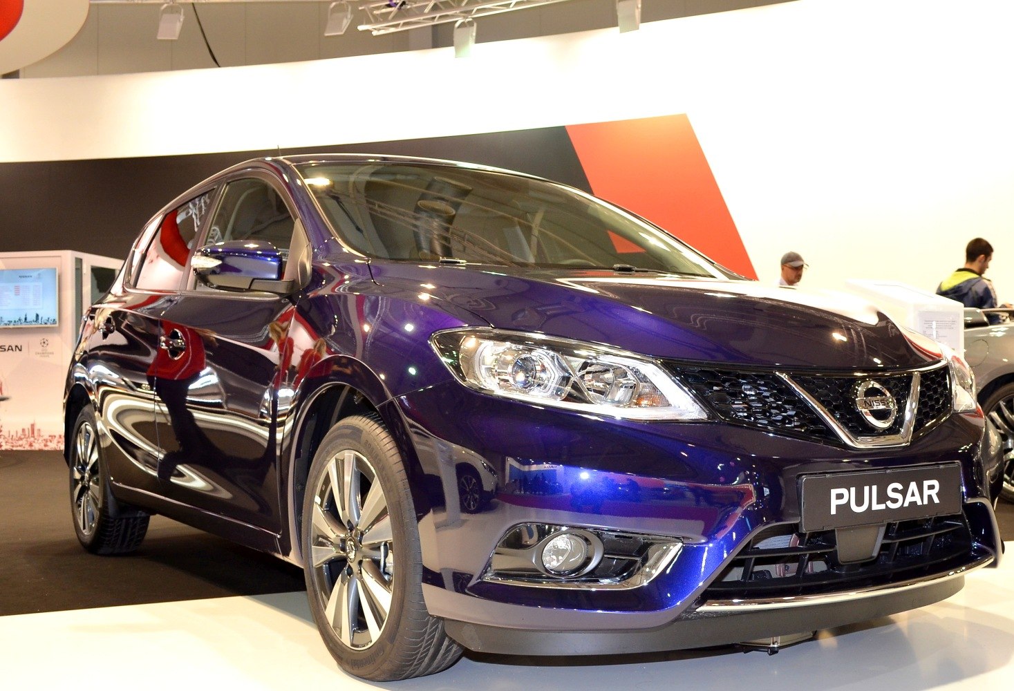 Front view of hatchback with LED headlights and alloy wheels