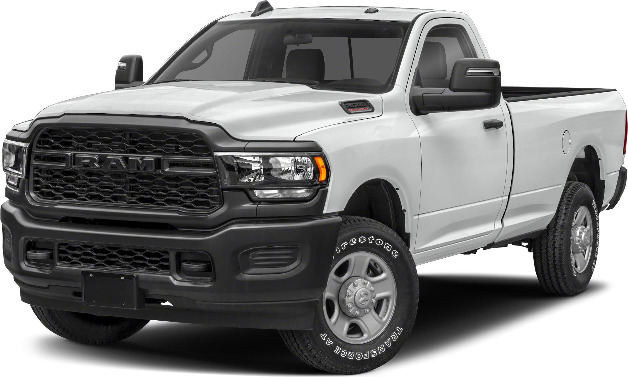 Front view of rugged regular cab pickup with prominent grille and headlights