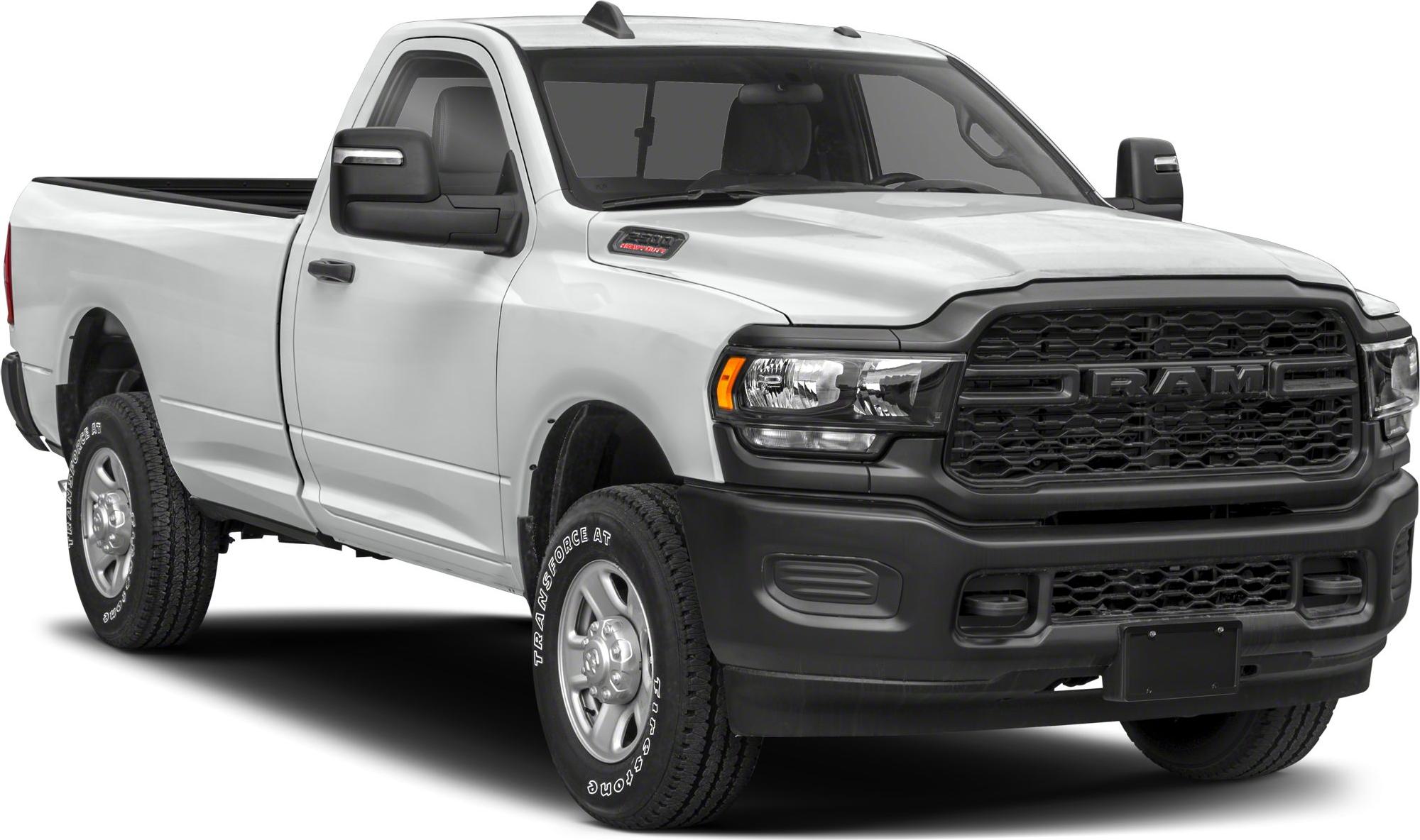 Regular cab heavy-duty pickup with black grille and rugged tires