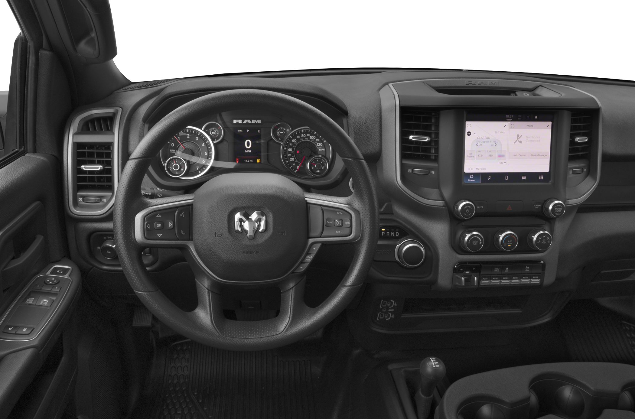 Multifunction steering wheel and digital gauge cluster in truck interior