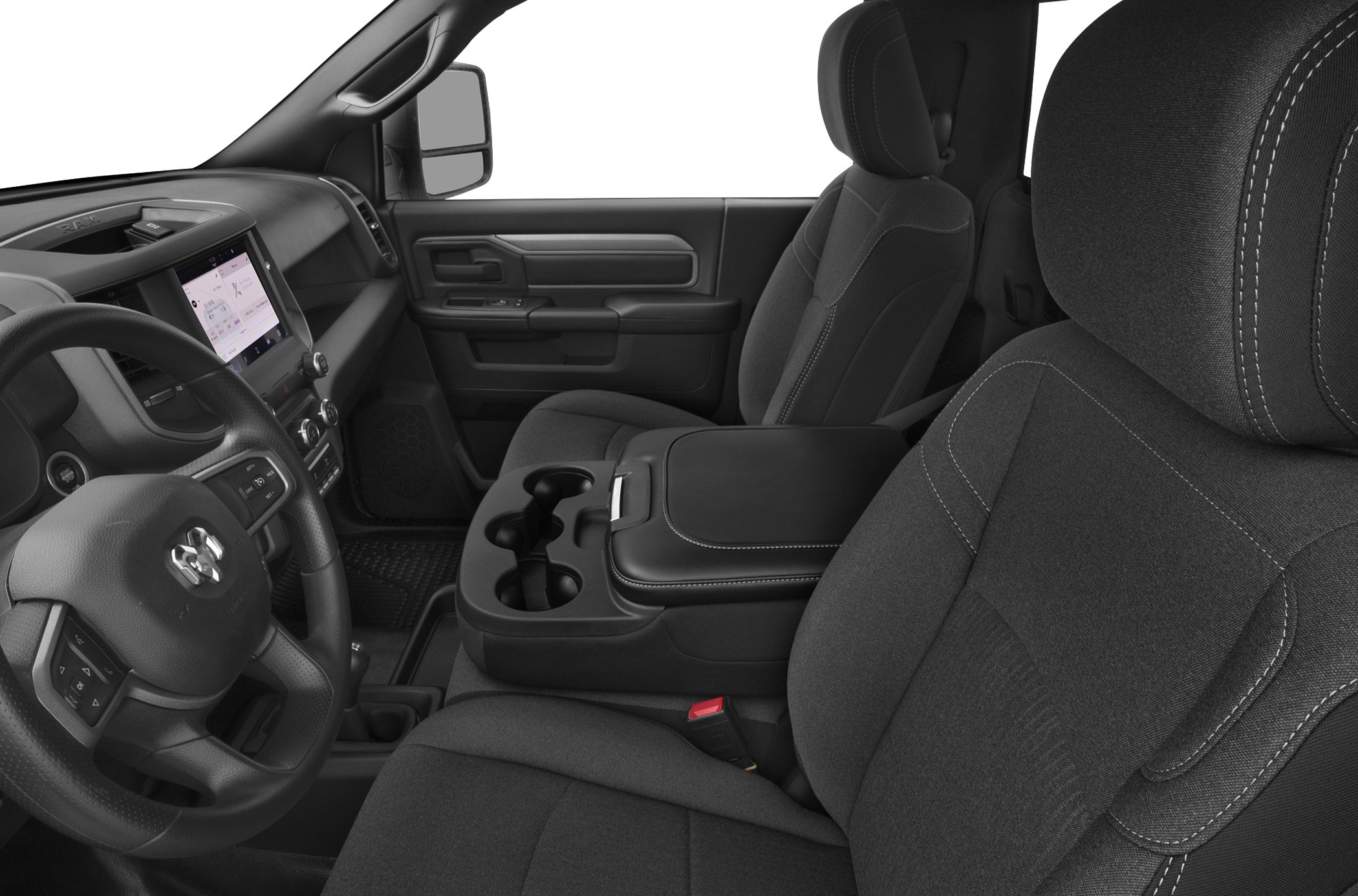 Modern dashboard with digital display, cloth seats, center console with cup holders