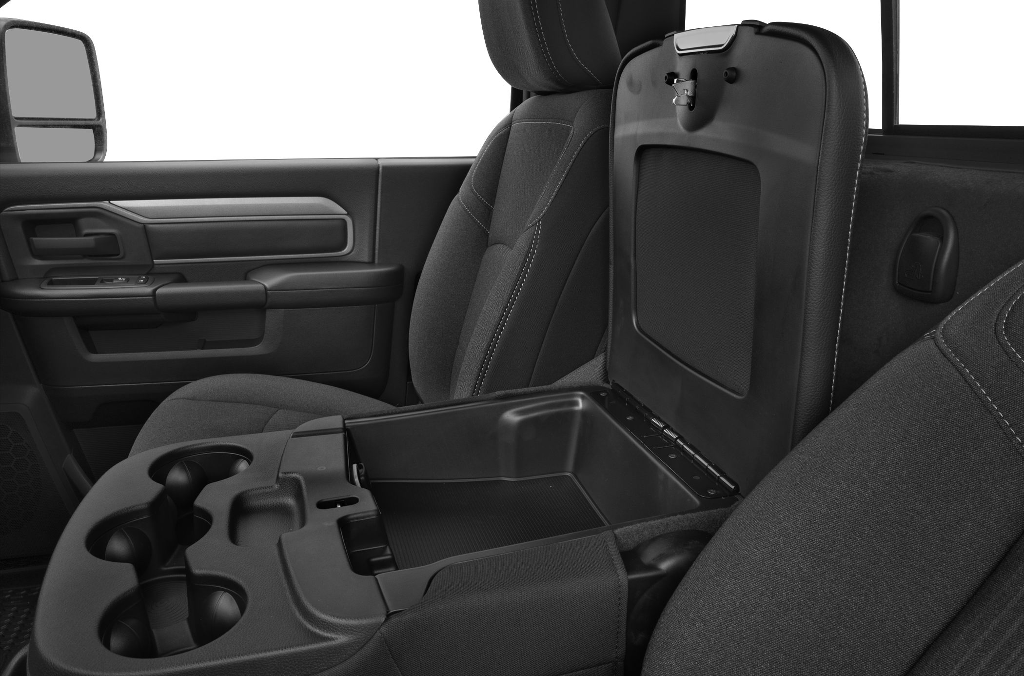 Open storage compartment and cup holders in truck interior