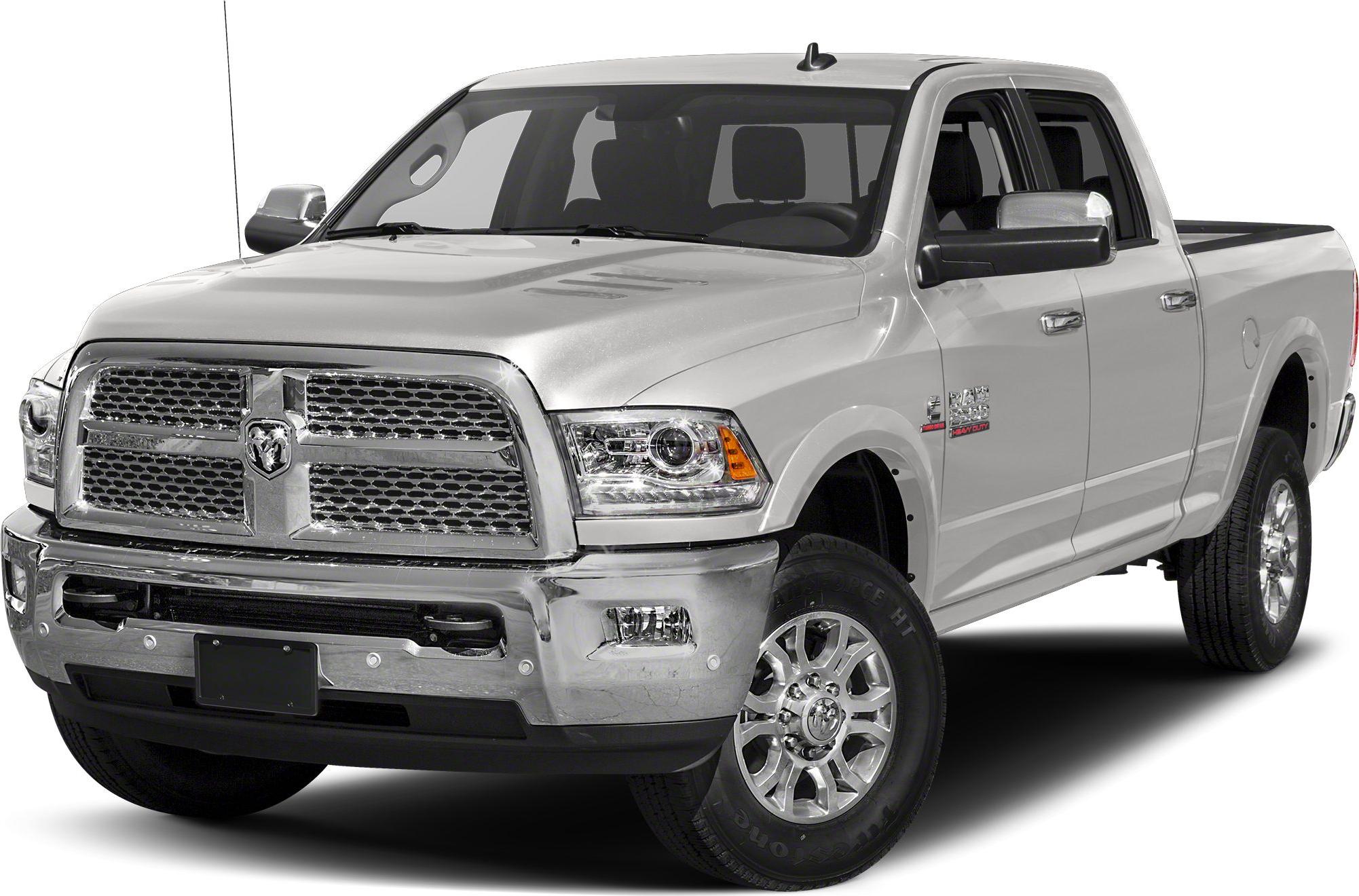 Front and side view of a heavy-duty Crew Cab pickup with large grille and chrome bumper.