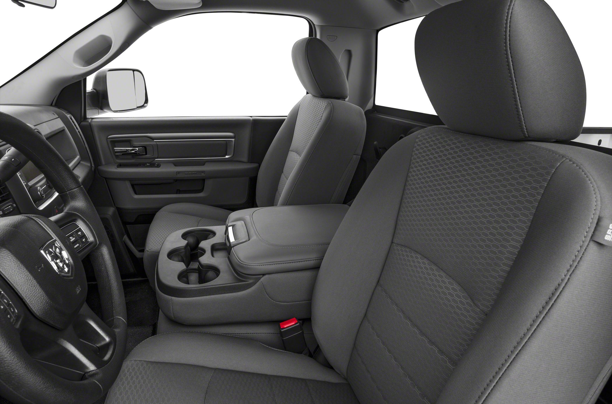 Front seats and center console with cup holders in truck interior
