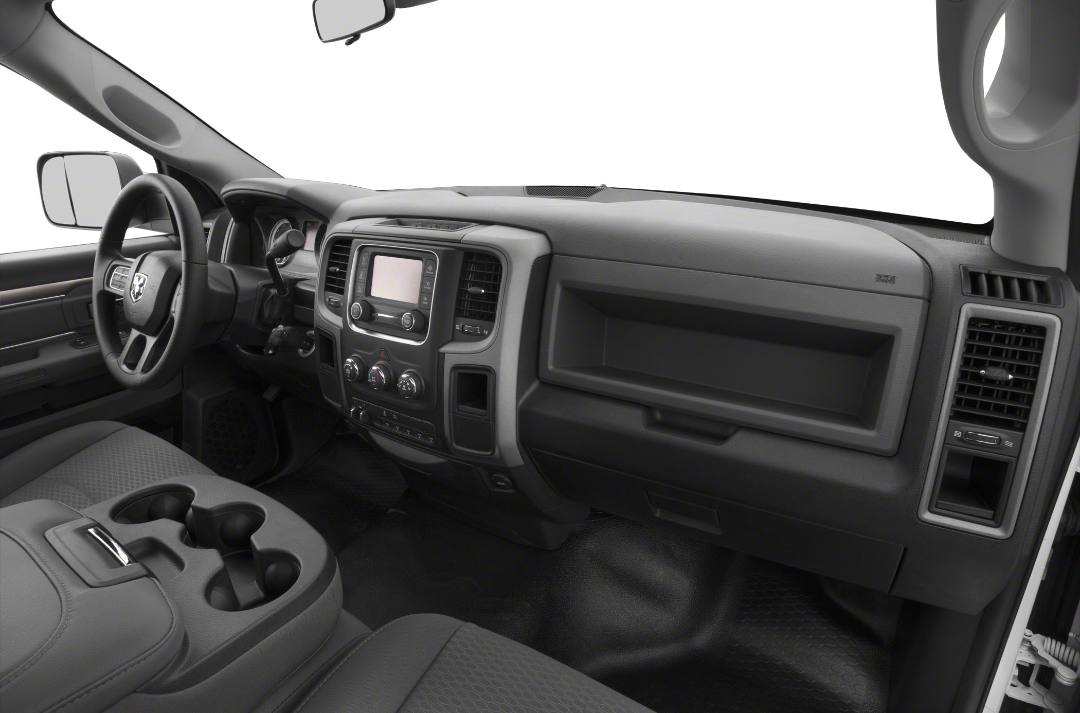 Interior dashboard and center console with steering wheel and storage compartments