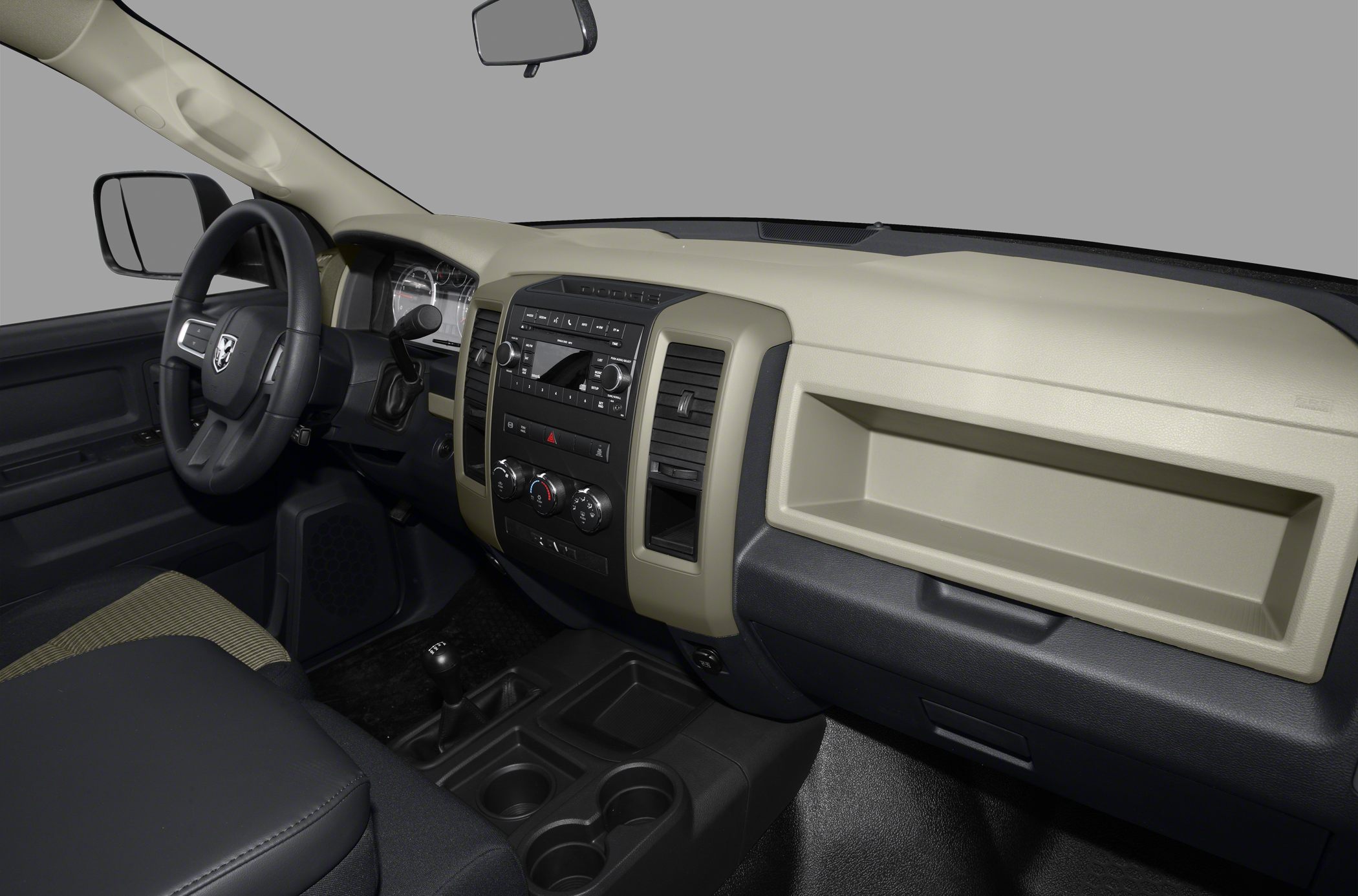 Dashboard, steering wheel, and center console interior view