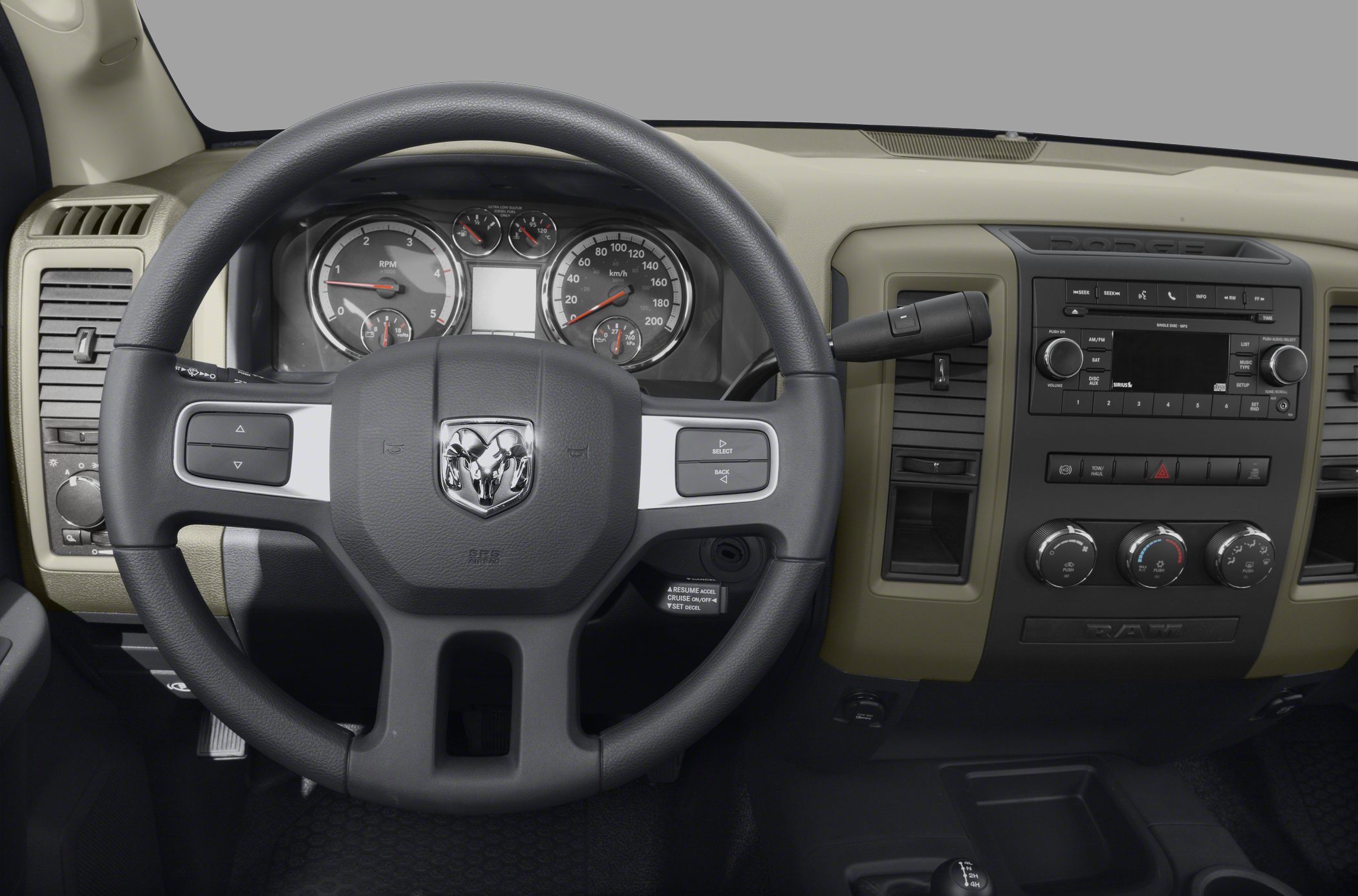 Steering wheel with controls and dashboard instrument cluster