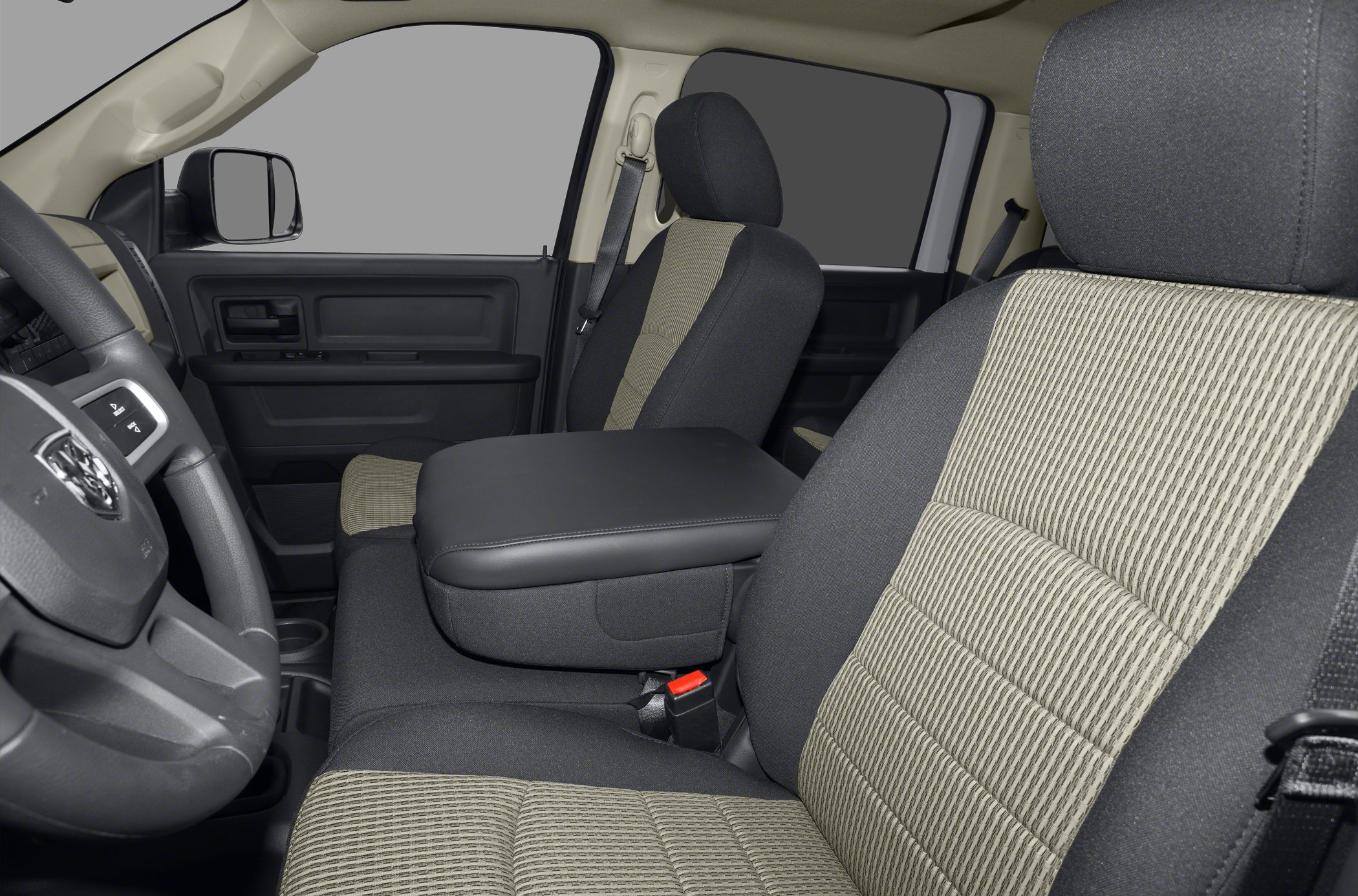 Fabric seats with patterned inserts and padded center armrest