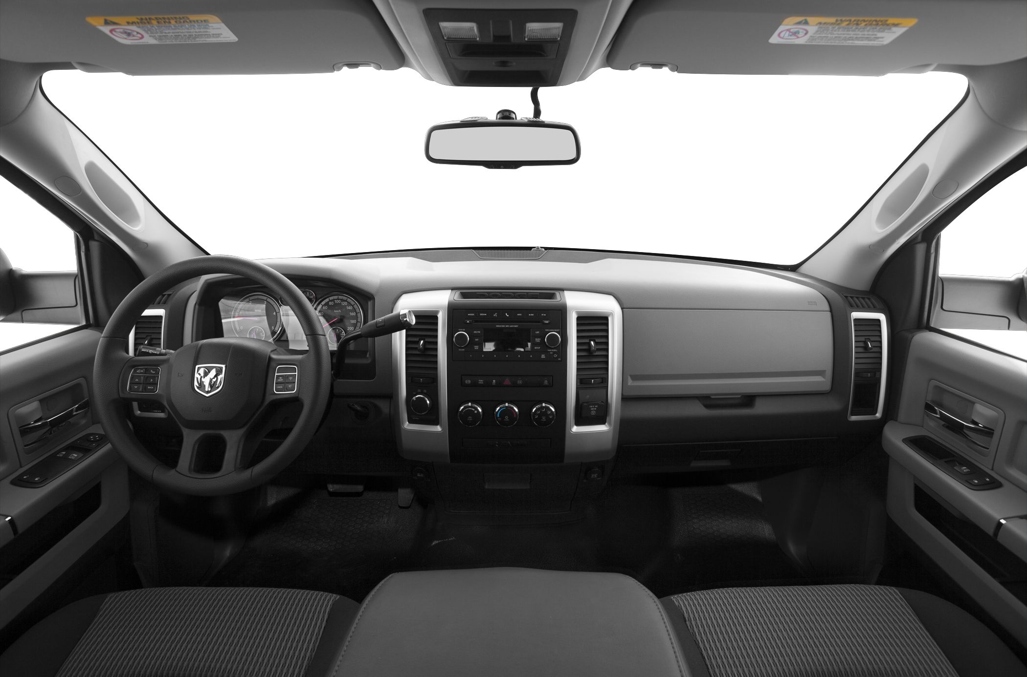 Steering wheel, dashboard with center control panel, and interior door panels