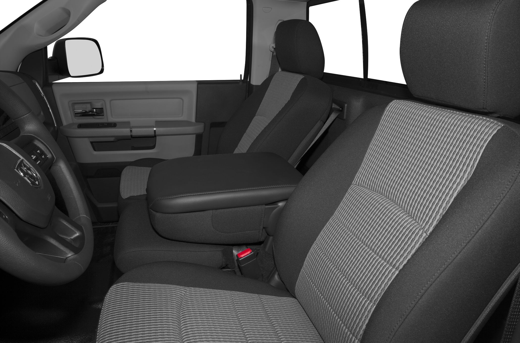 Fabric truck seats with center armrest and door panel in regular cab interior