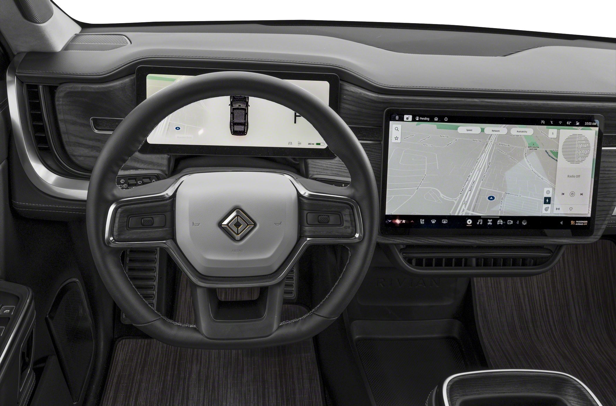 Dual digital displays dashboard with modern steering wheel and wood trim