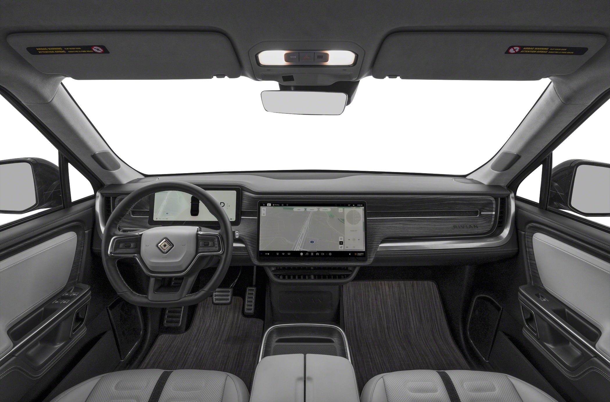 Dual digital displays and modern dashboard with wood trim and steering controls