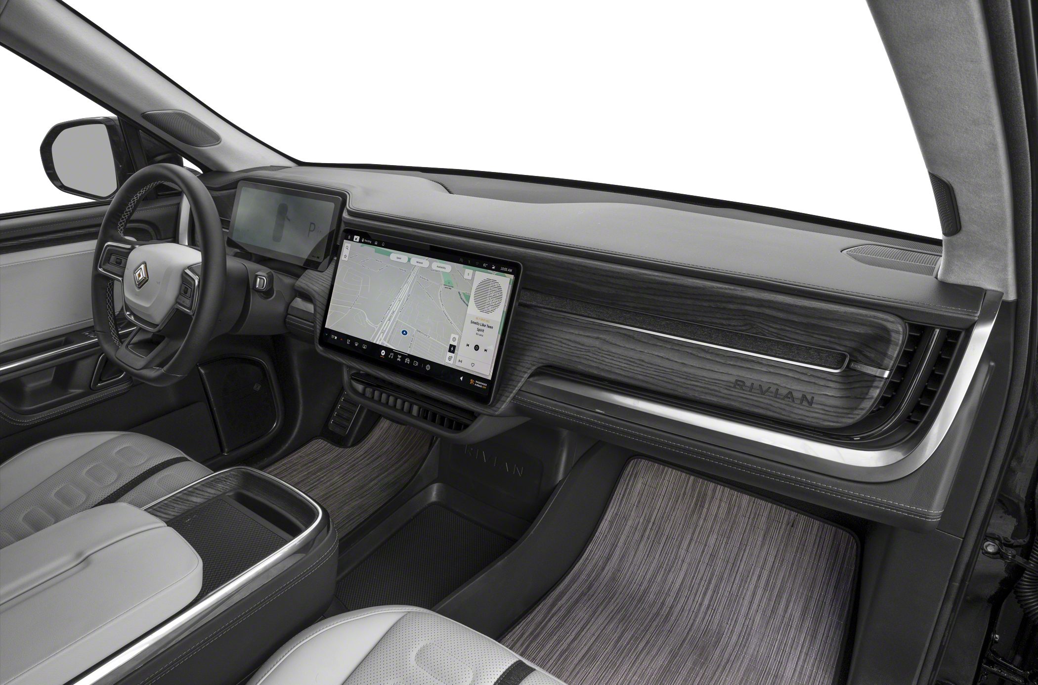 Modern SUV dashboard with digital display and wood trim interior