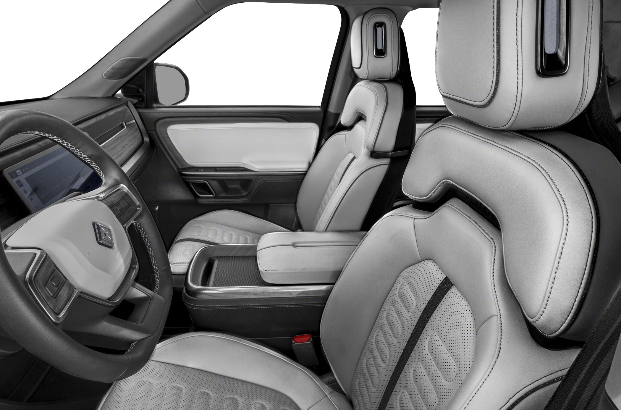 Modern electric truck interior with premium seats and advanced steering wheel