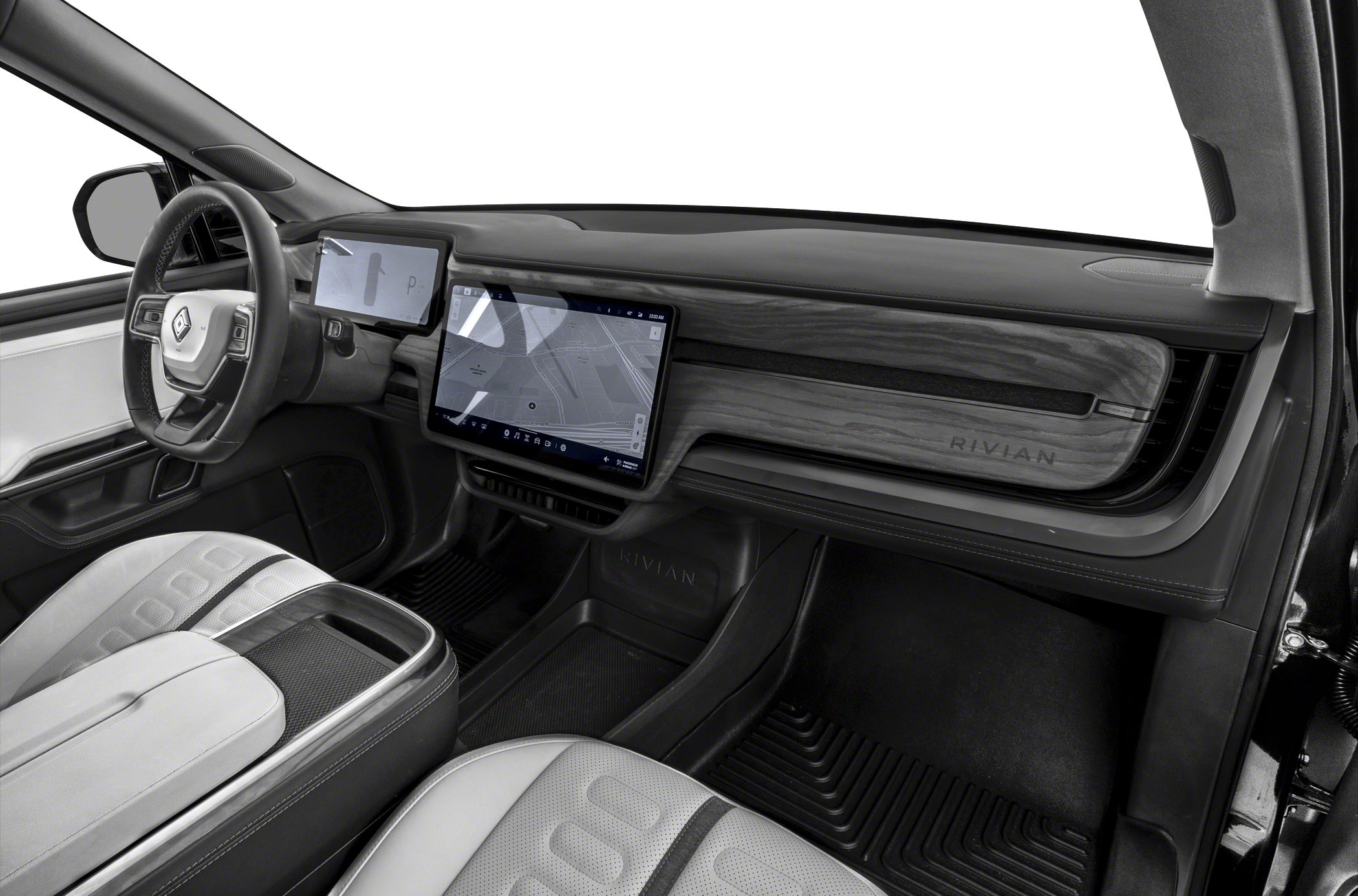 Modern dashboard with digital cluster, touchscreen, and premium seating