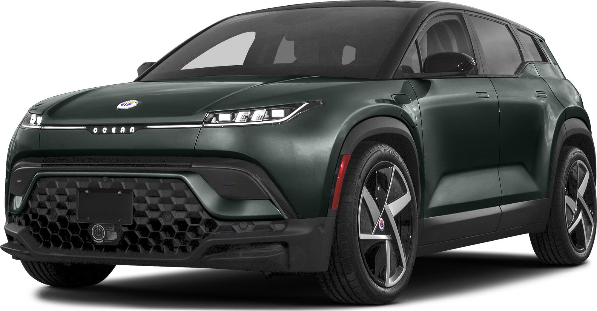Front and side design of electric SUV with aerodynamic headlights and unique grille