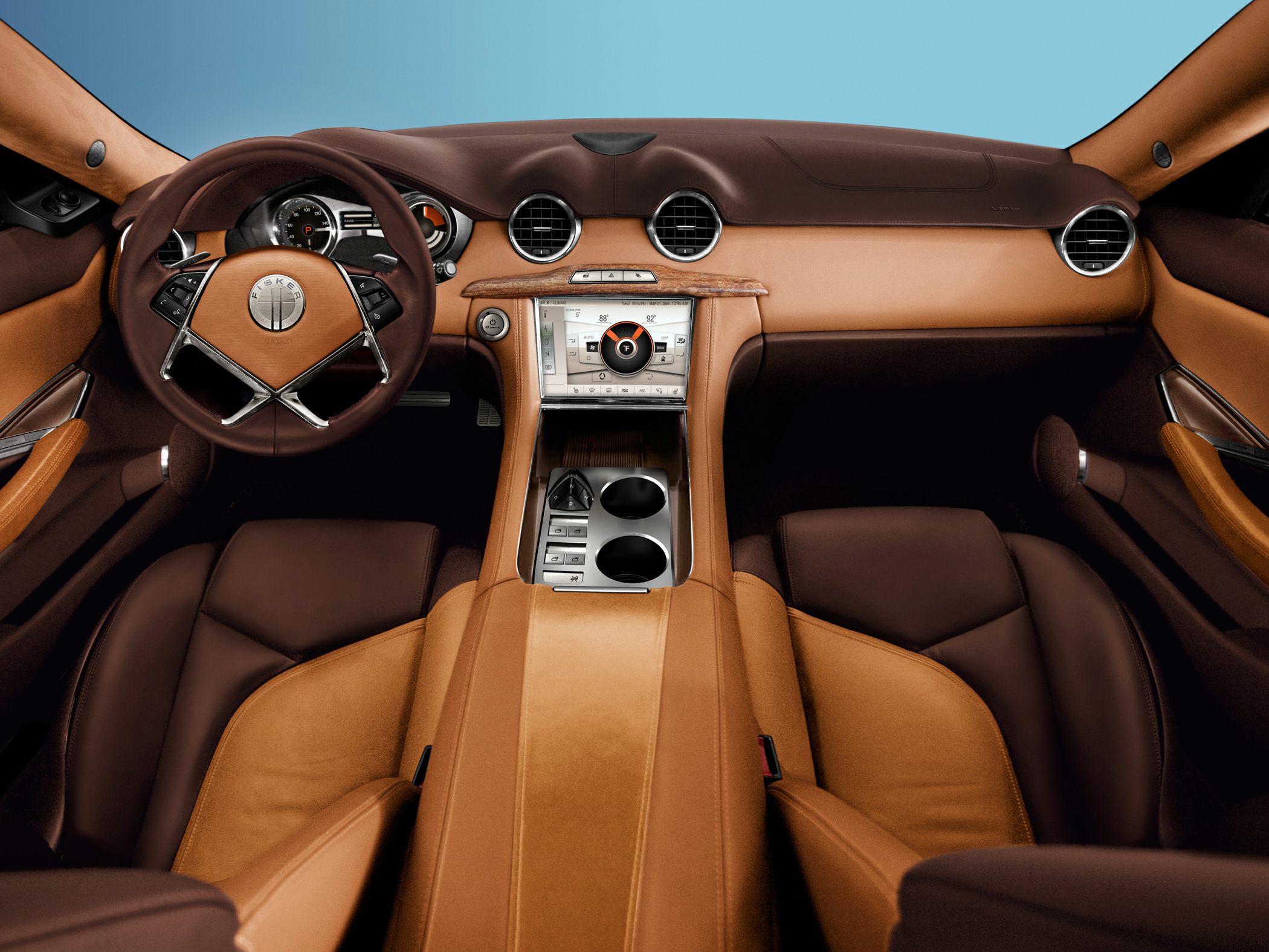 Two-tone brown leather interior with advanced dashboard and wood trim