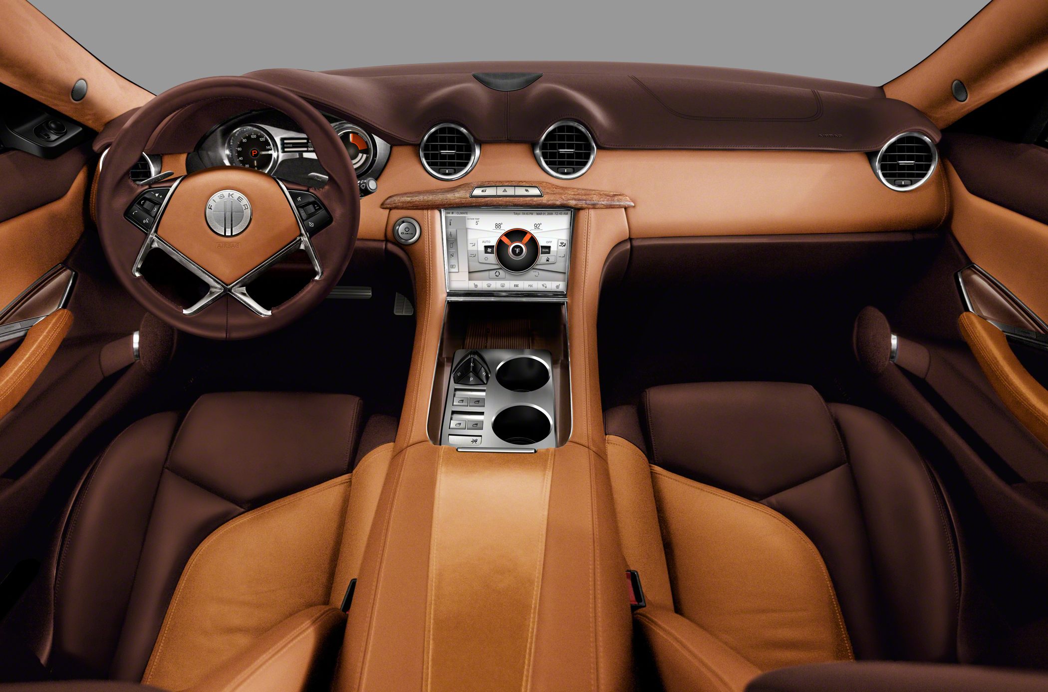 Dual-tone leather dashboard, modern steering wheel, and central touchscreen controls
