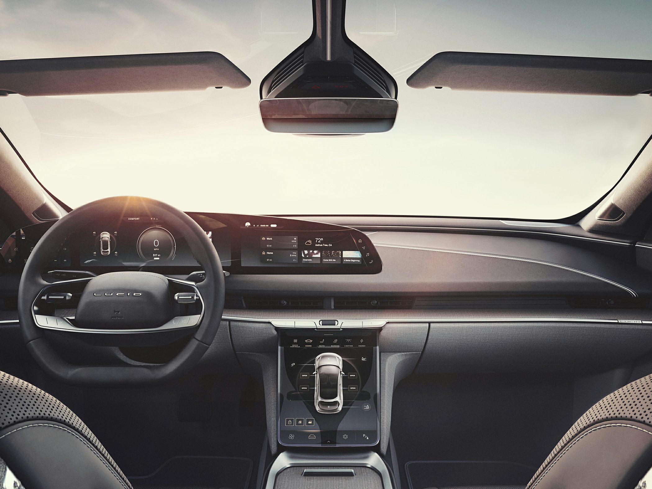 Electric car interior with digital dashboard and touchscreen center console