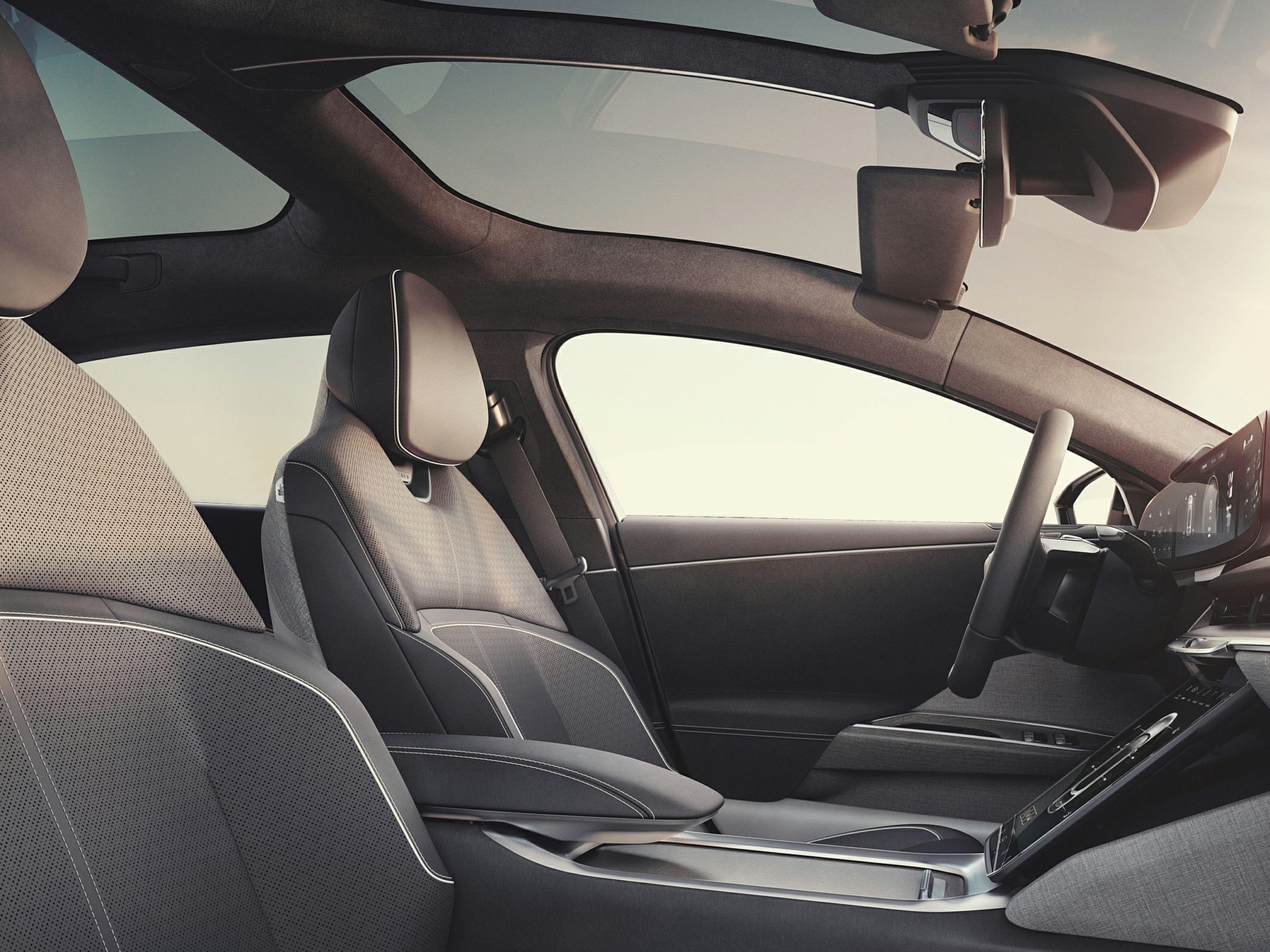 Luxury car interior with panoramic glass roof and advanced digital dashboard