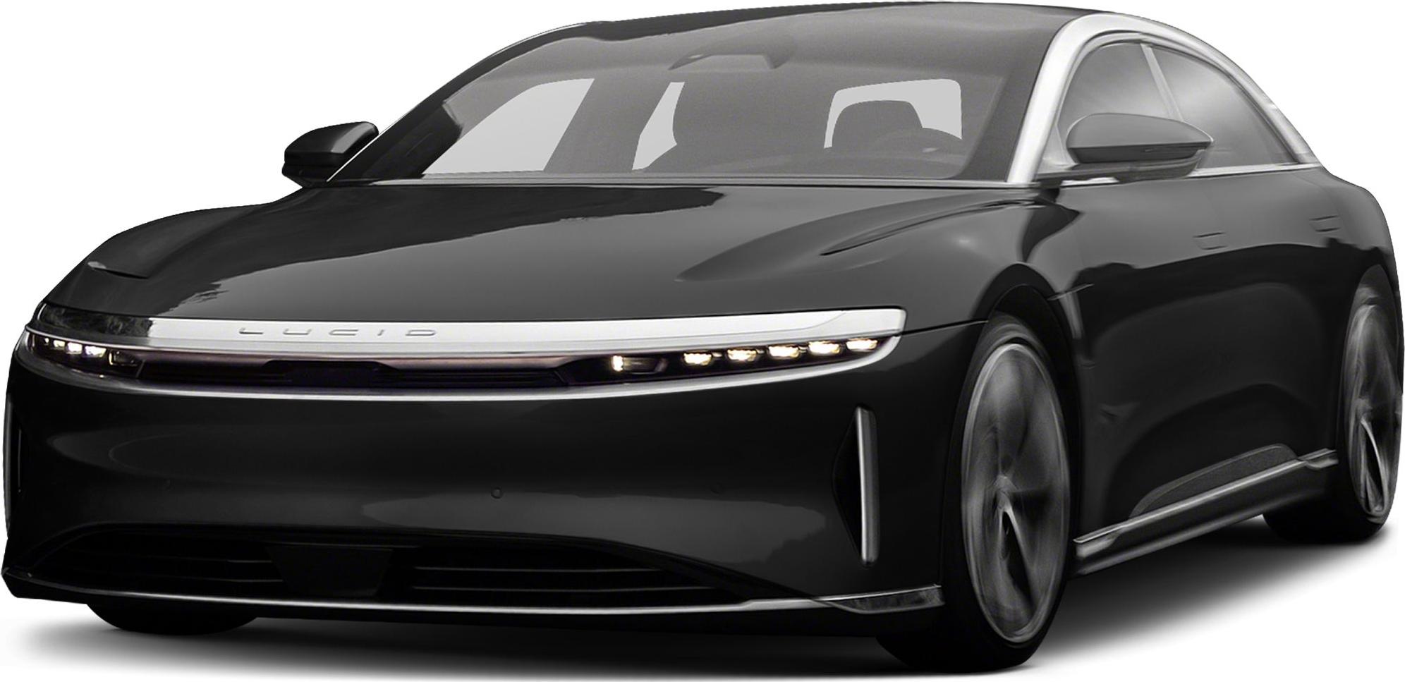 Front view of sleek electric sedan with LED light strip and aerodynamic design