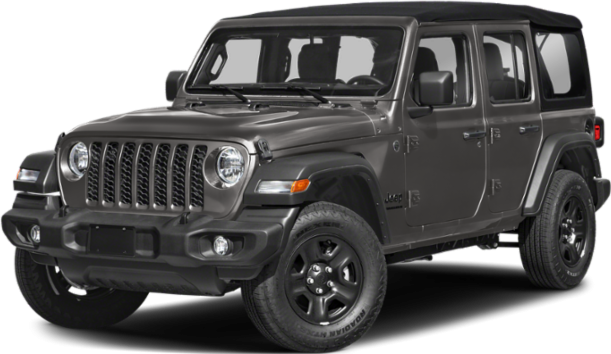 Front and side view of a rugged four-door SUV with soft top and black wheels