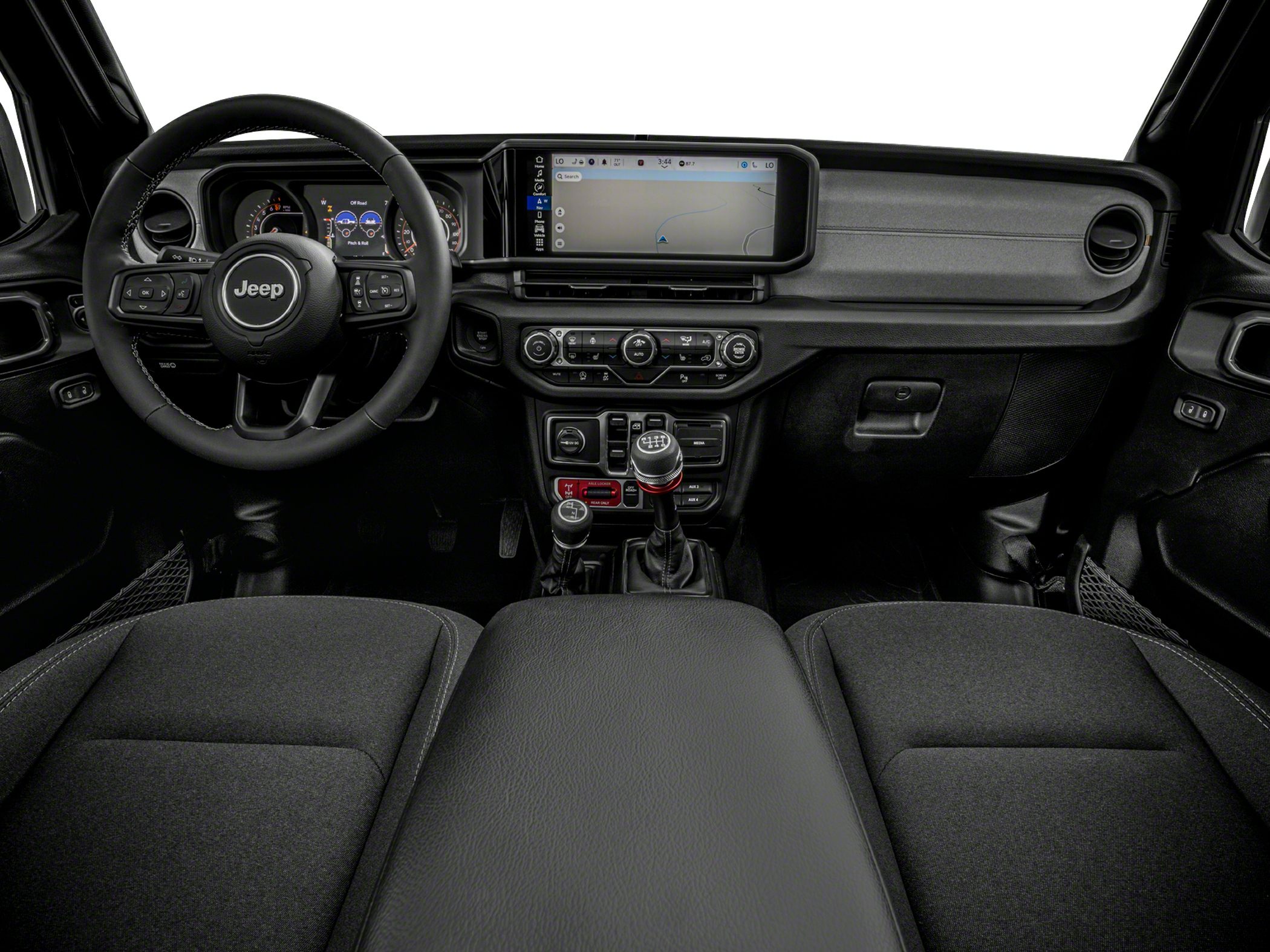 Modern dashboard with digital displays and manual transmission controls
