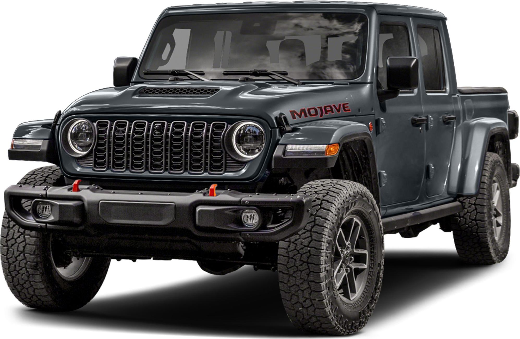 Front view of rugged off-road pickup with round headlights and grille