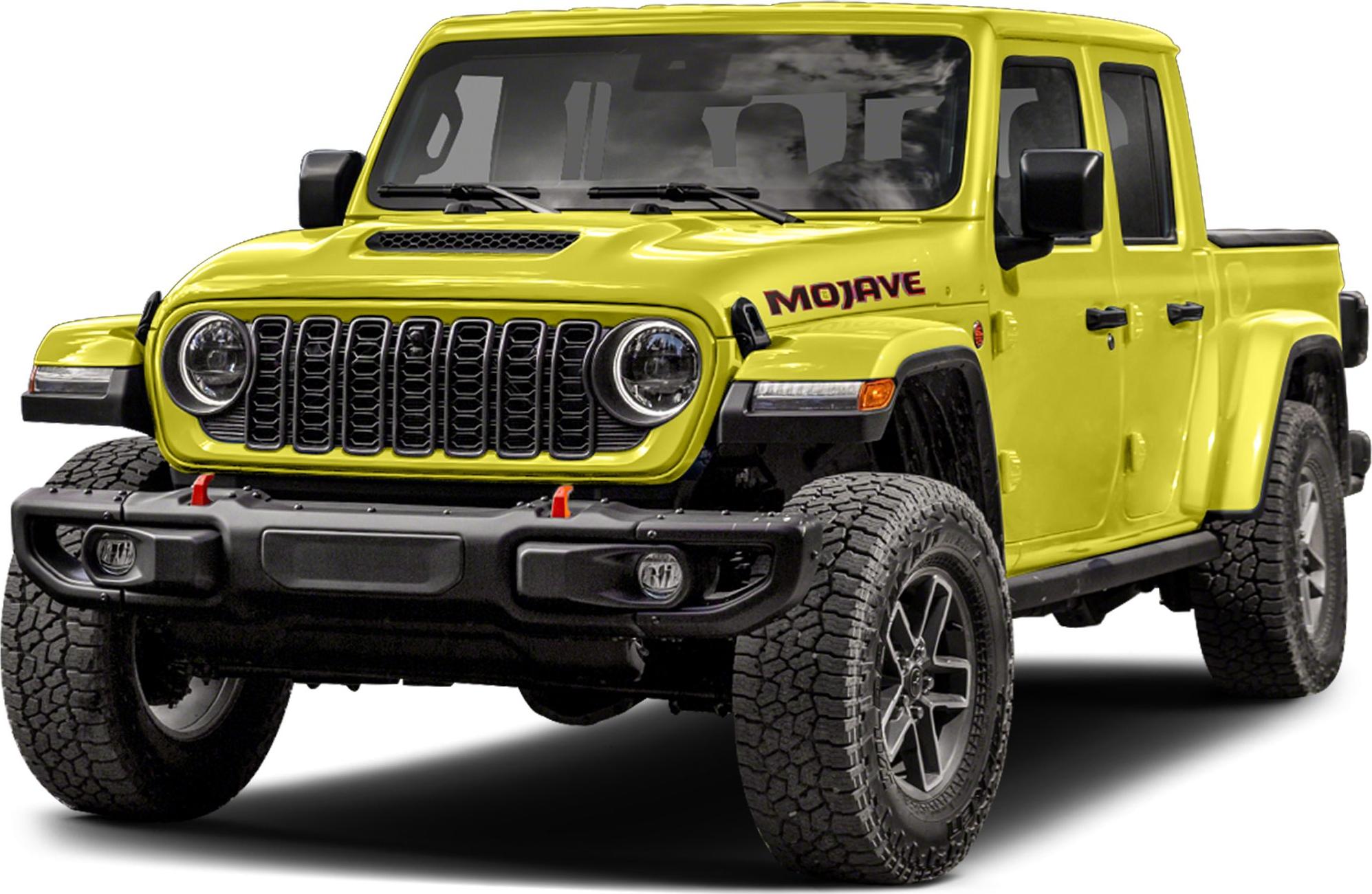 Front view of rugged pickup with aggressive grille and off-road tires
