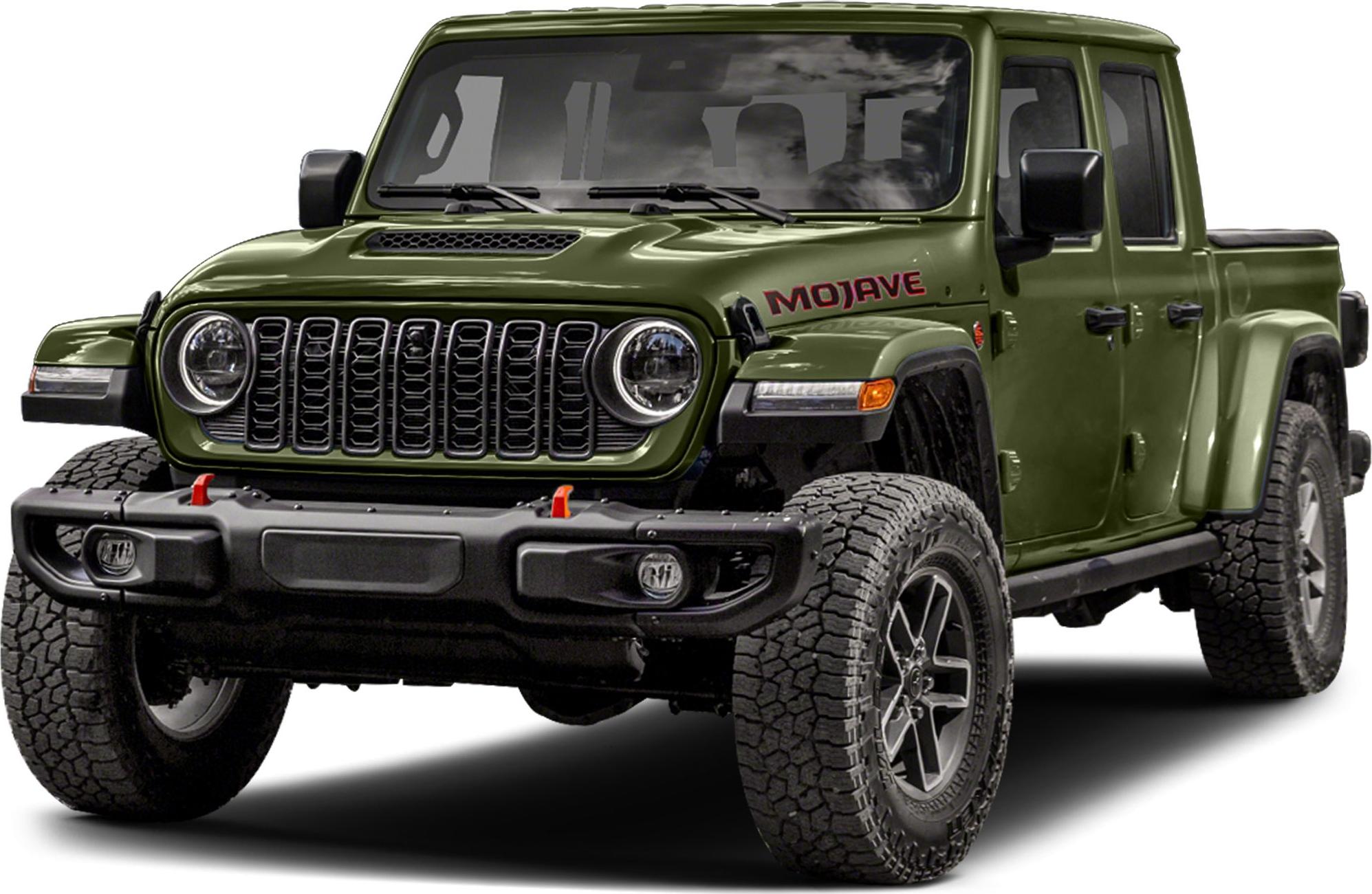 Front view of rugged pickup with distinctive grille and off-road tires