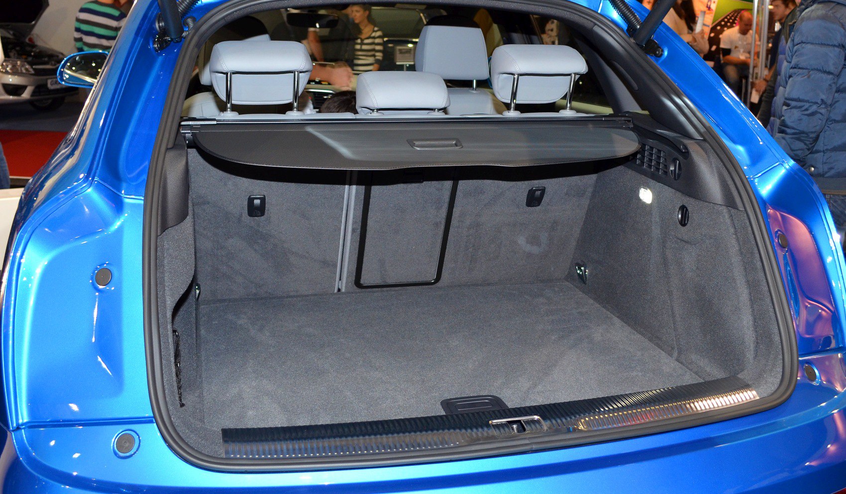 Rear trunk cargo space with retractable cover and rear seat headrests.
