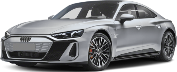 Silver electric sedan with aggressive front and sporty wheels
