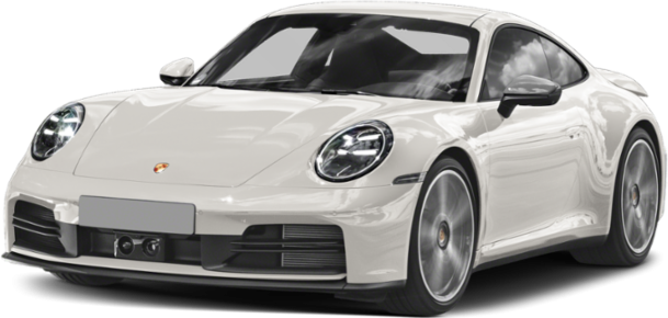 White sports coupe front view with aerodynamic design and LED headlights