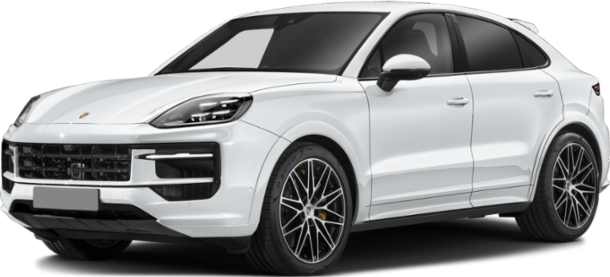 Front side view of a modern white luxury coupe SUV with distinctive headlights and alloy wheels