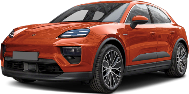 Front view and side profile of orange electric SUV with LED headlights.
