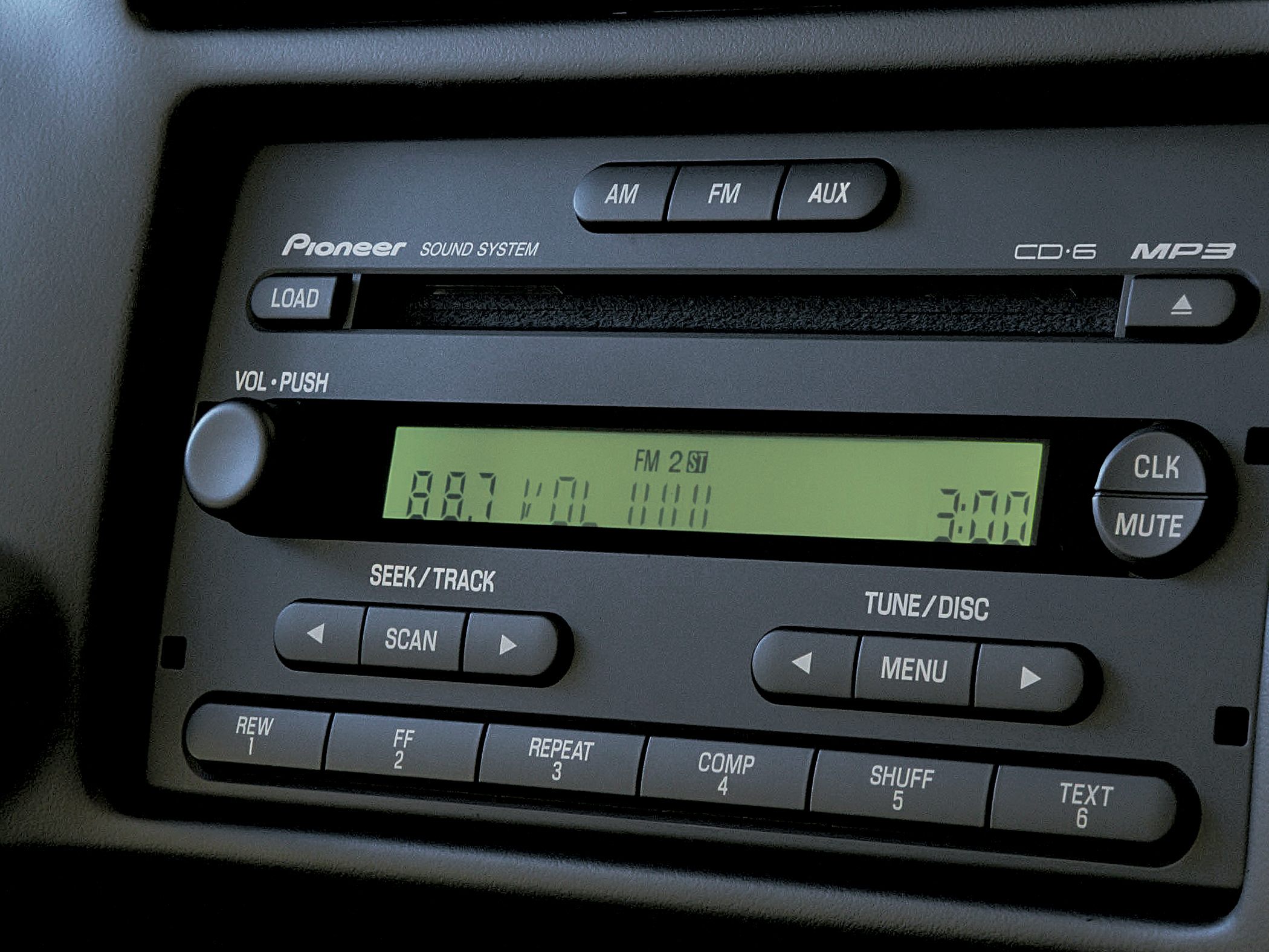 Pioneer CD6 MP3 car sound system with control buttons and digital display.