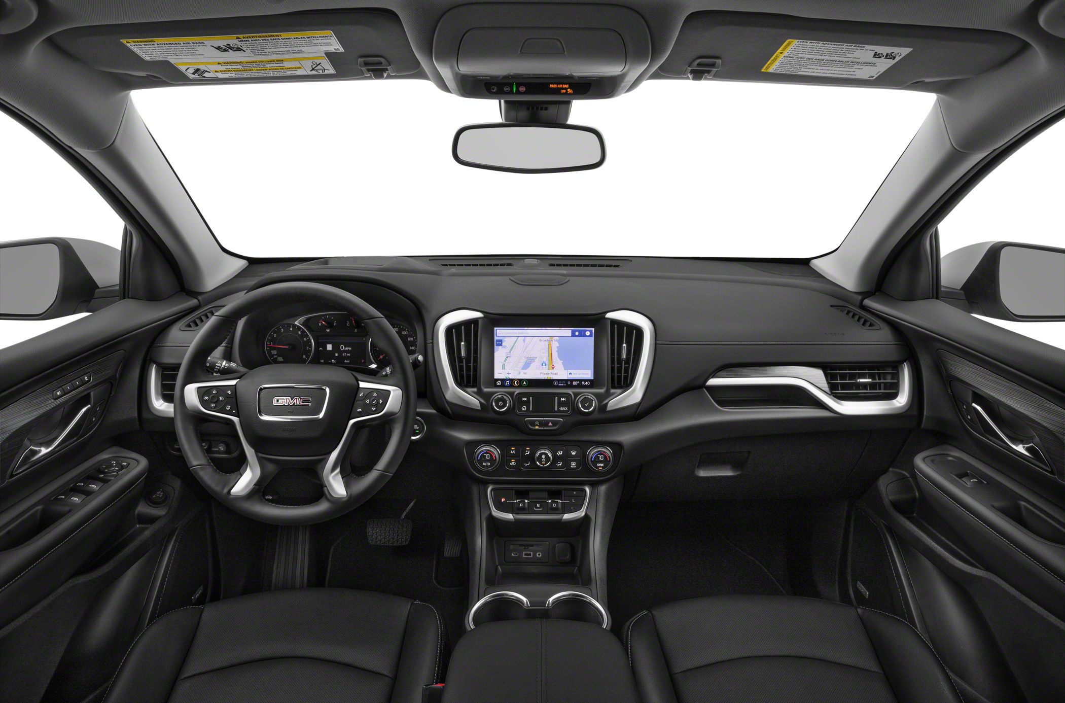 Dashboard, steering wheel, infotainment display of a mid-size SUV interior