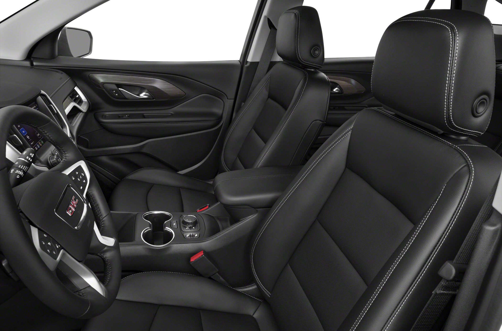 Premium black leather seats with white contrast stitching and modern driver controls
