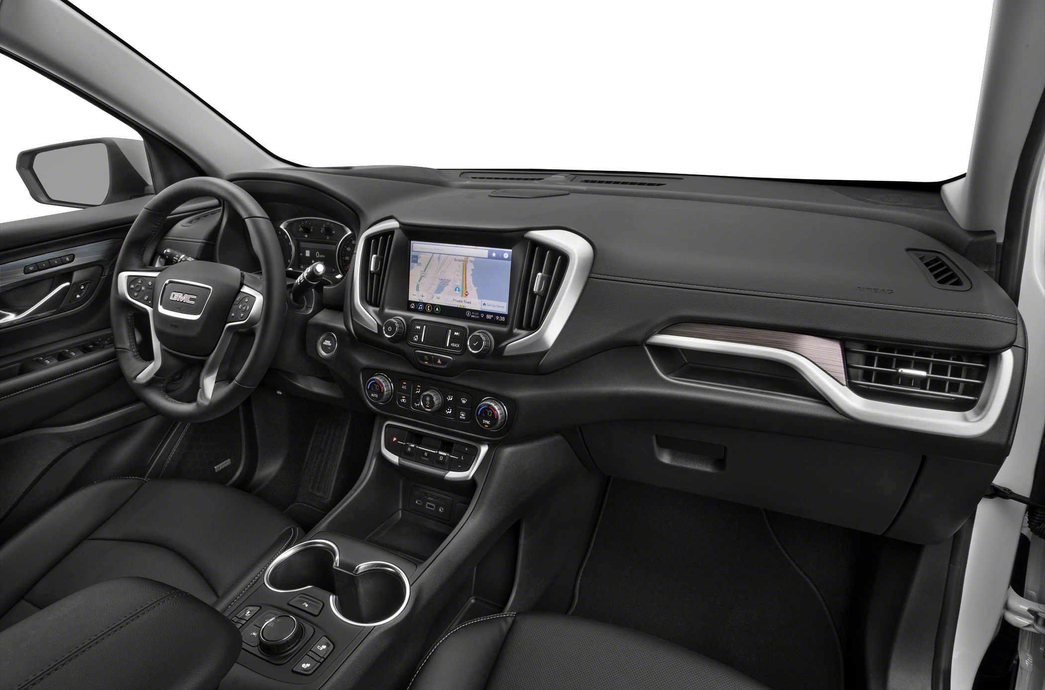 Dashboard and steering wheel with infotainment and climate controls.