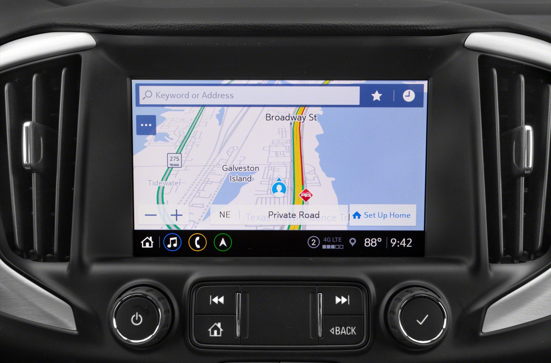 Touchscreen navigation display with control buttons and air vents