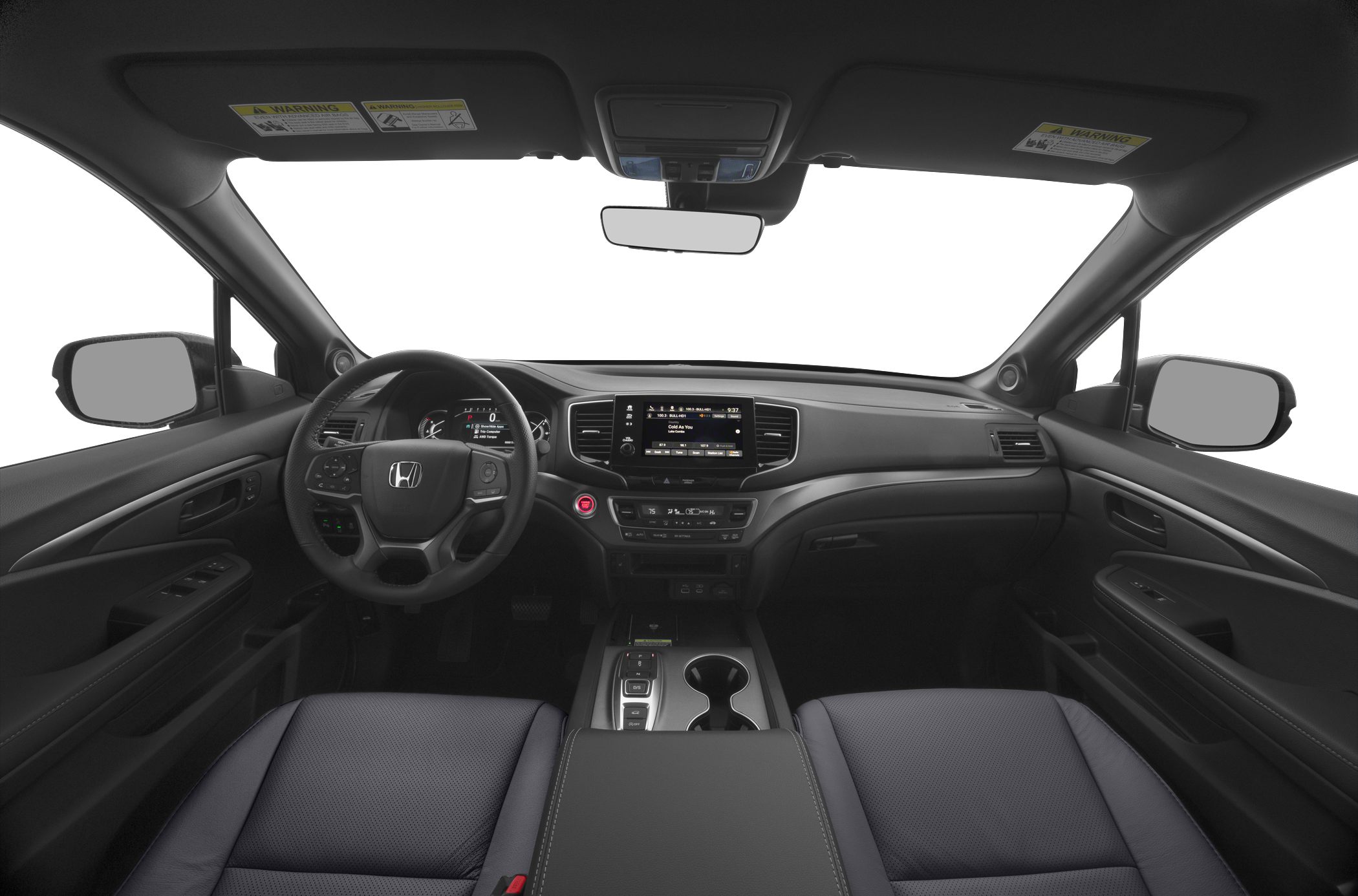 Dashboard with steering wheel and center console showcasing infotainment and controls