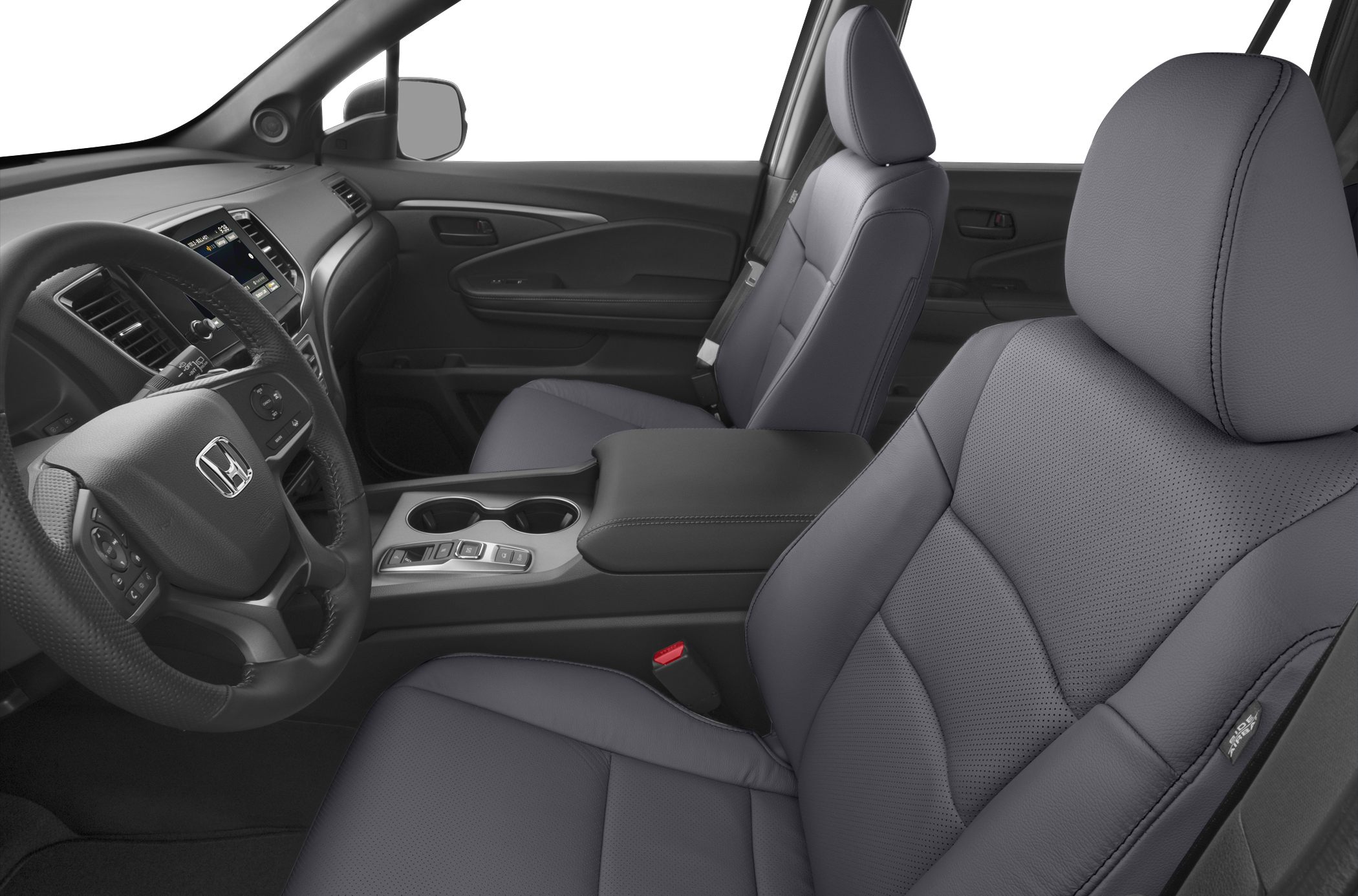 Front leather seats and dashboard interior with center console cup holders